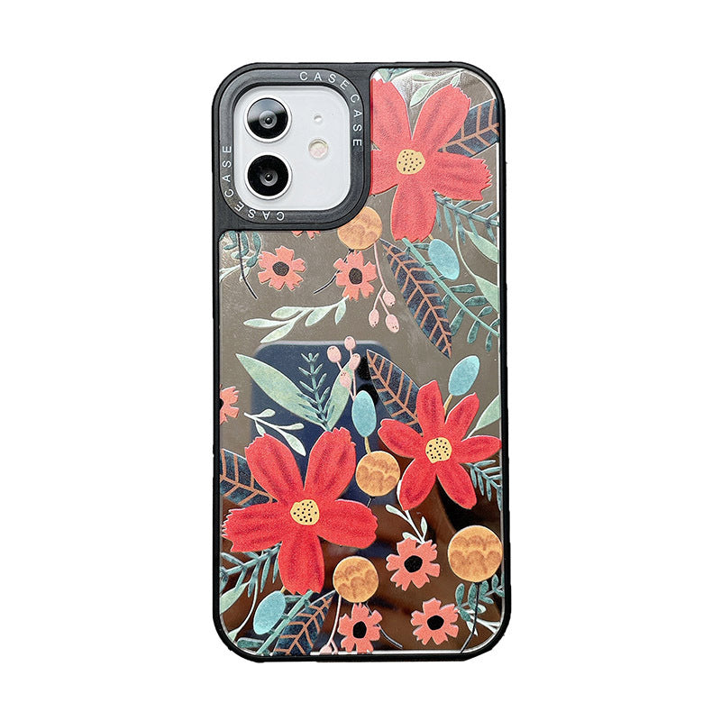 HKM-101651 Liquid Silicone Mobile Phone Case for iPhone 11 Pro Max, 11, XS Max - Floral Oil Painting Design with PC and Leather Texture