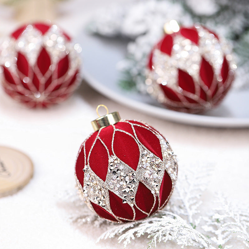 HKM-101843 Dark Green, Wine Red, Beige Christmas Ball Decorations - Flocking Pendant Set of 12