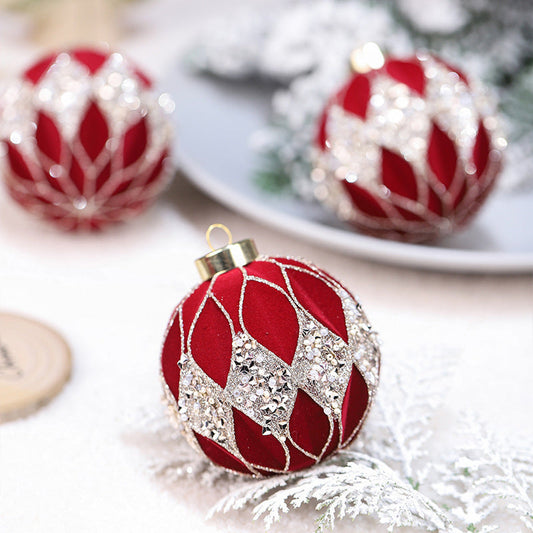 HKM-101843 Dark Green, Wine Red, Beige Christmas Ball Decorations - Flocking Pendant Set of 12