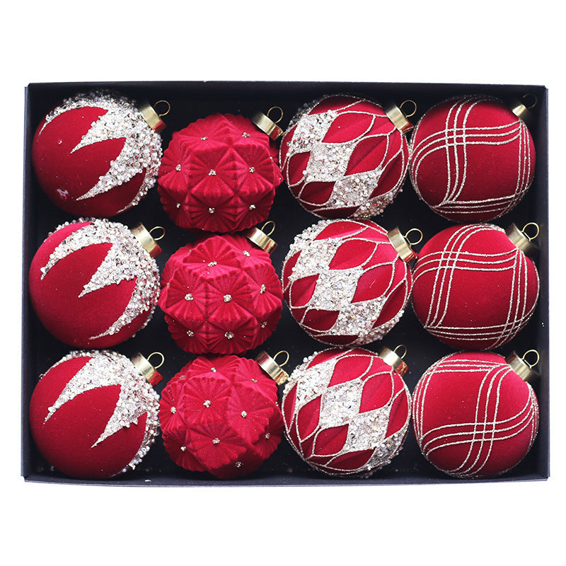 HKM-101843 Dark Green, Wine Red, Beige Christmas Ball Decorations - Flocking Pendant Set of 12
