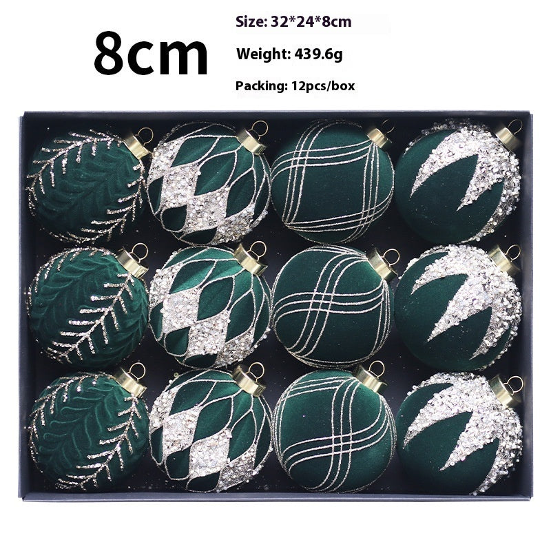 HKM-101843 Dark Green, Wine Red, Beige Christmas Ball Decorations - Flocking Pendant Set of 12