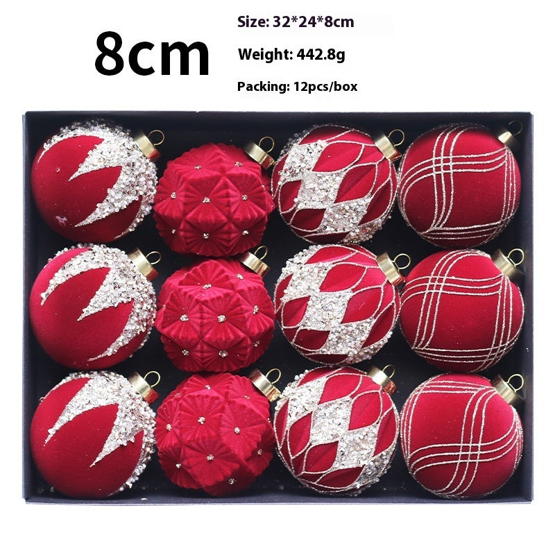 HKM-101843 Dark Green, Wine Red, Beige Christmas Ball Decorations - Flocking Pendant Set of 12