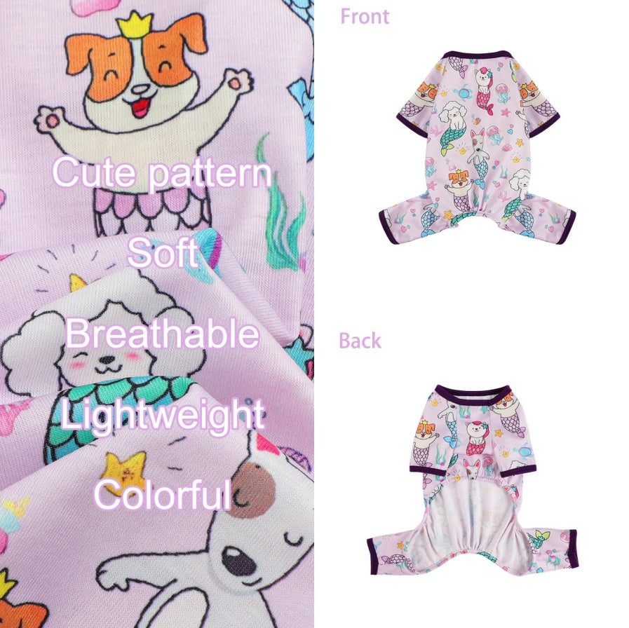 HKM-102227 Soft and Stretchy Dog Pajamas for Small Dogs - Breathable Onesies for Puppies and Cats, Ideal for Spring and Summer, Cute Mermaid Print