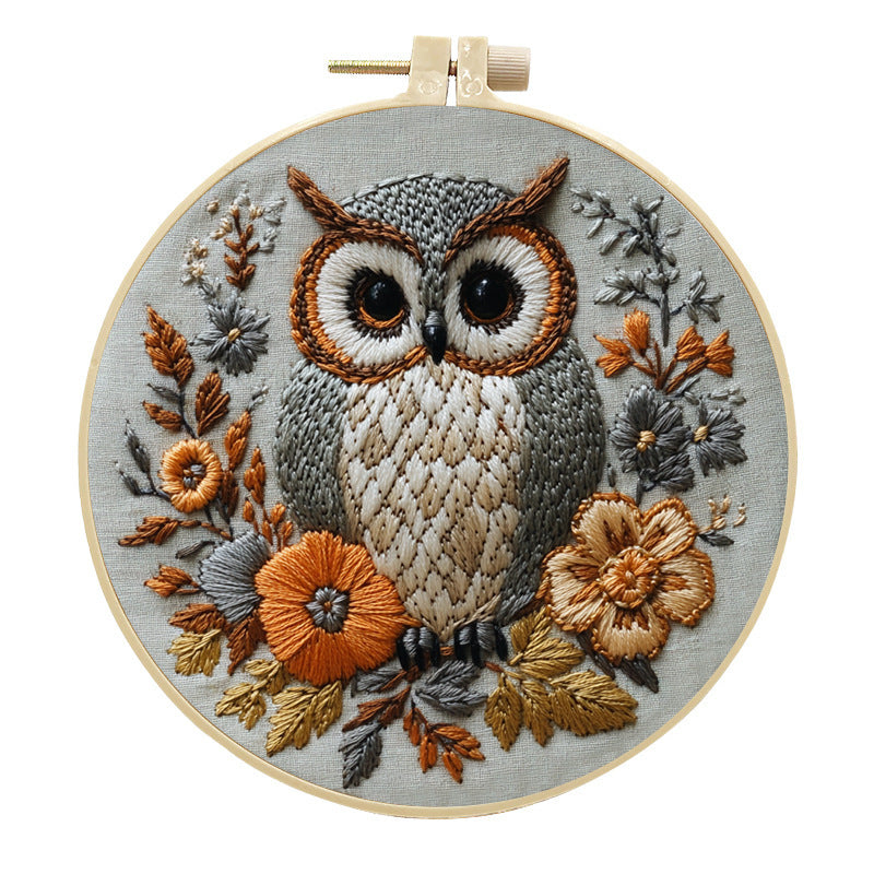 KTX-102547 Creative Embroidery Kit with Flower and Owl Patterns - Cotton and Linen Fabric Art Set