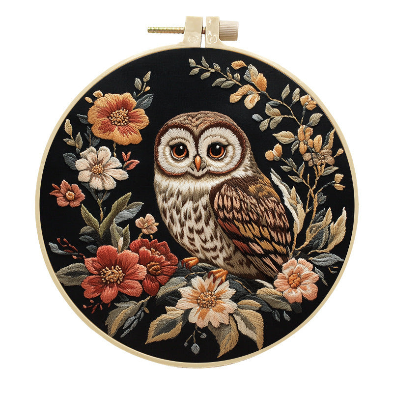 KTX-102547 Creative Embroidery Kit with Flower and Owl Patterns - Cotton and Linen Fabric Art Set