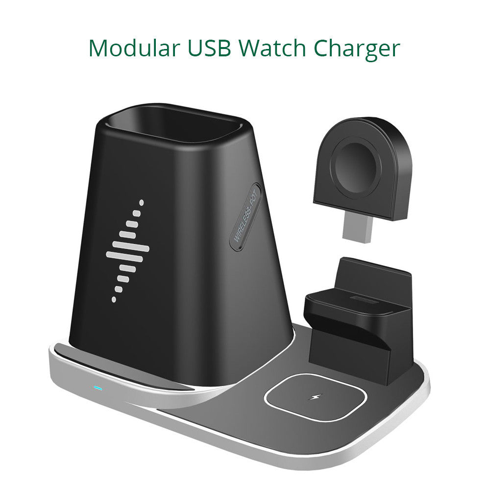 HKM-102739 Four-in-One Wireless Charger for Smartwatch and Headset - Model P9X-S, Deep Black