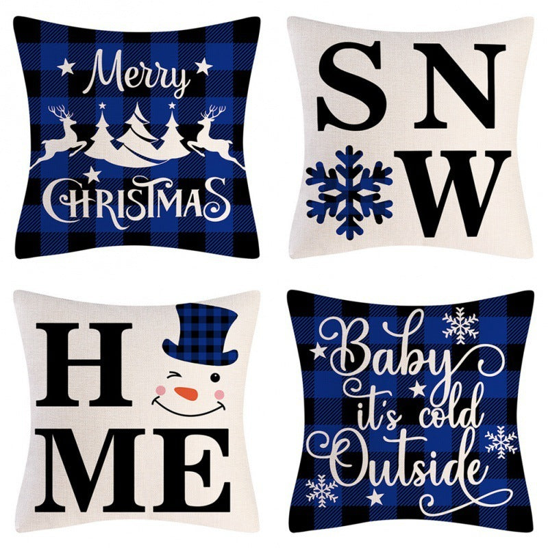 HKM-102995 Christmas Pillow Cover Set - 4-Piece Decorative Cushion Covers with Snowflake, Checkered, Car, and Star Designs, 45x45cm