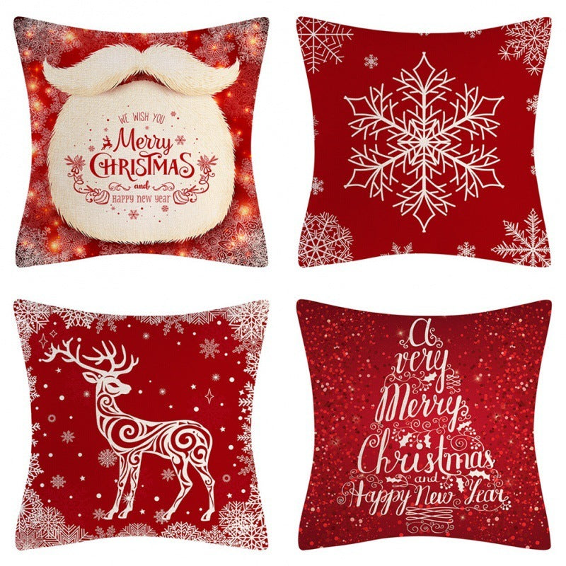 HKM-102995 Christmas Pillow Cover Set - 4-Piece Decorative Cushion Covers with Snowflake, Checkered, Car, and Star Designs, 45x45cm