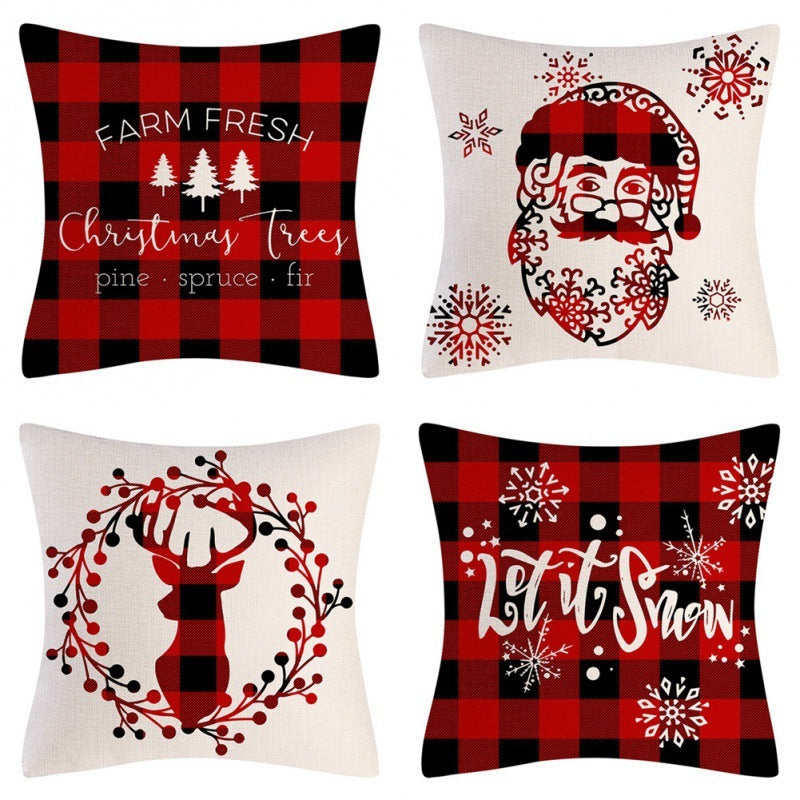 HKM-102995 Christmas Pillow Cover Set - 4-Piece Decorative Cushion Covers with Snowflake, Checkered, Car, and Star Designs, 45x45cm