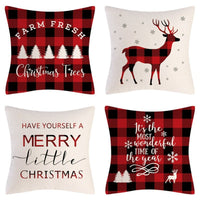 HKM-102995 Christmas Pillow Cover Set - 4-Piece Decorative Cushion Covers with Snowflake, Checkered, Car, and Star Designs, 45x45cm