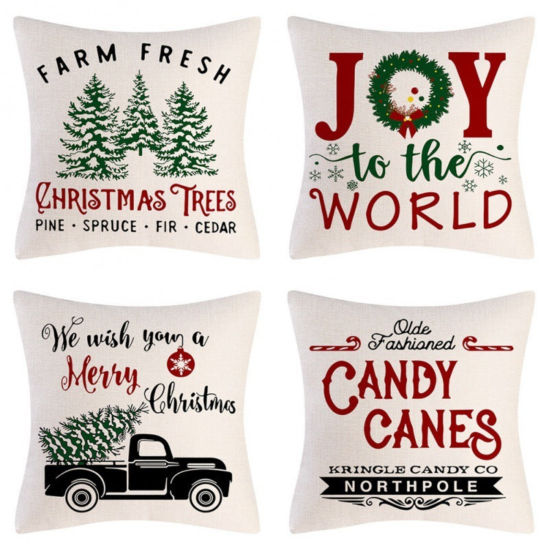HKM-102995 Christmas Pillow Cover Set - 4-Piece Decorative Cushion Covers with Snowflake, Checkered, Car, and Star Designs, 45x45cm