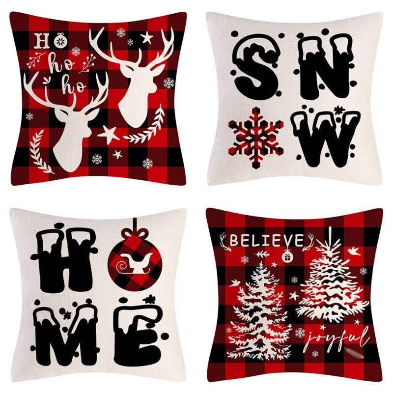 HKM-102995 Christmas Pillow Cover Set - 4-Piece Decorative Cushion Covers with Snowflake, Checkered, Car, and Star Designs, 45x45cm