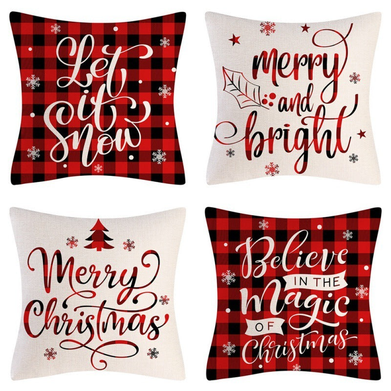 HKM-102995 Christmas Pillow Cover Set - 4-Piece Decorative Cushion Covers with Snowflake, Checkered, Car, and Star Designs, 45x45cm