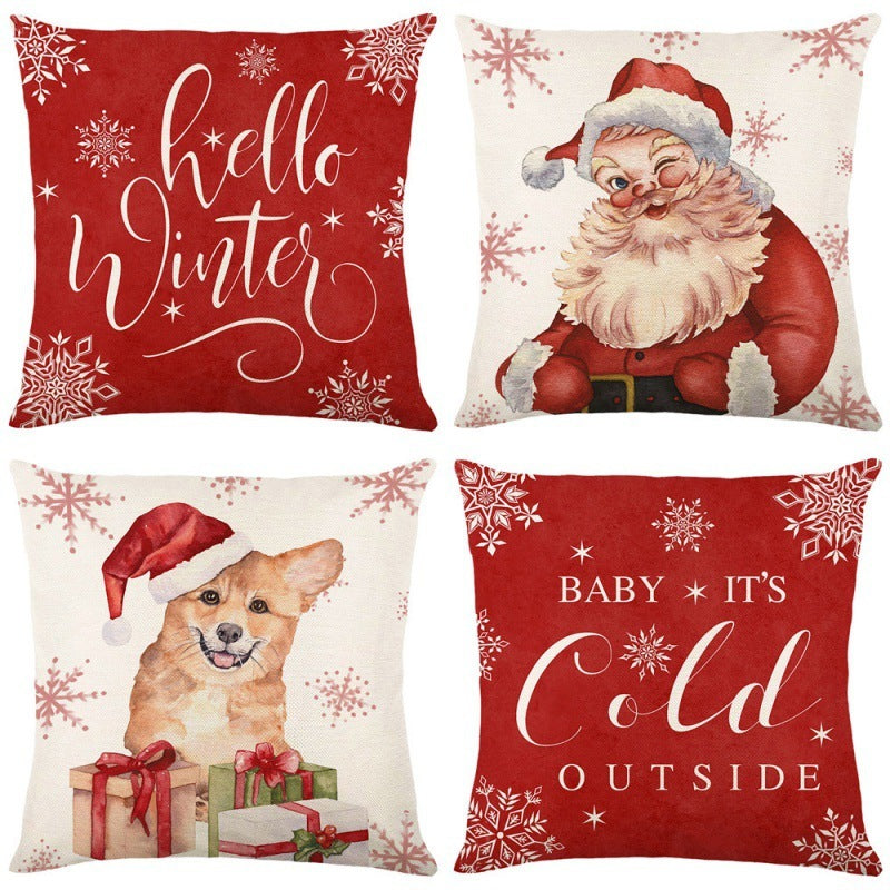 HKM-102995 Christmas Pillow Cover Set - 4-Piece Decorative Cushion Covers with Snowflake, Checkered, Car, and Star Designs, 45x45cm