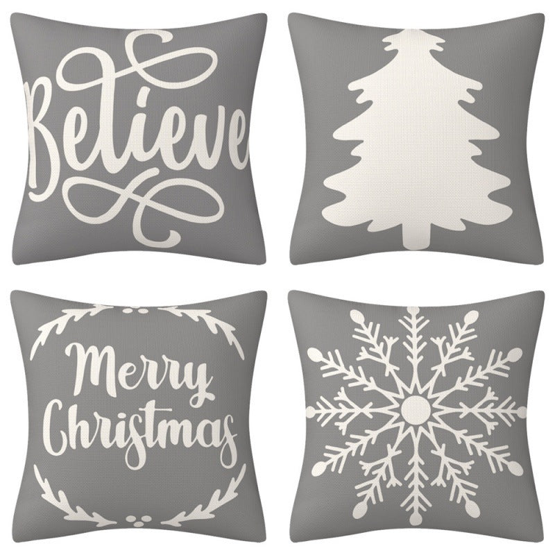 HKM-102995 Christmas Pillow Cover Set - 4-Piece Decorative Cushion Covers with Snowflake, Checkered, Car, and Star Designs, 45x45cm