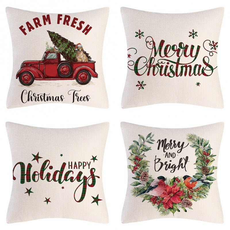 HKM-102995 Christmas Pillow Cover Set - 4-Piece Decorative Cushion Covers with Snowflake, Checkered, Car, and Star Designs, 45x45cm