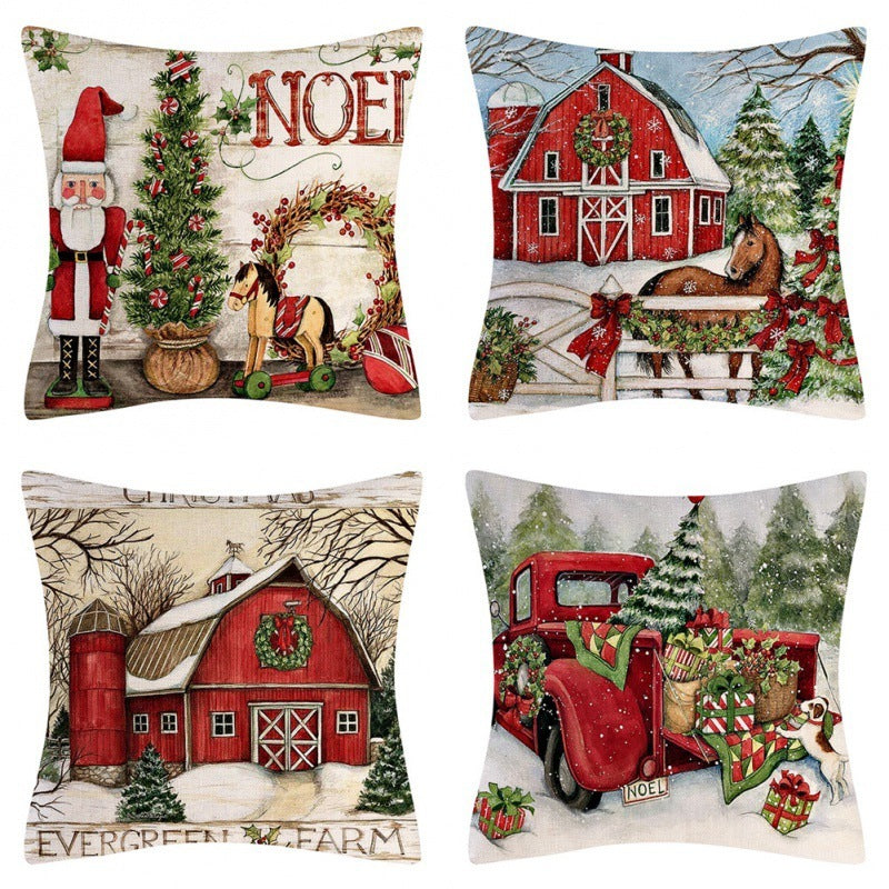 HKM-102995 Christmas Pillow Cover Set - 4-Piece Decorative Cushion Covers with Snowflake, Checkered, Car, and Star Designs, 45x45cm