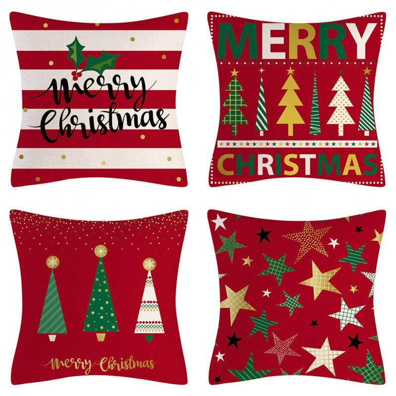 HKM-102995 Christmas Pillow Cover Set - 4-Piece Decorative Cushion Covers with Snowflake, Checkered, Car, and Star Designs, 45x45cm