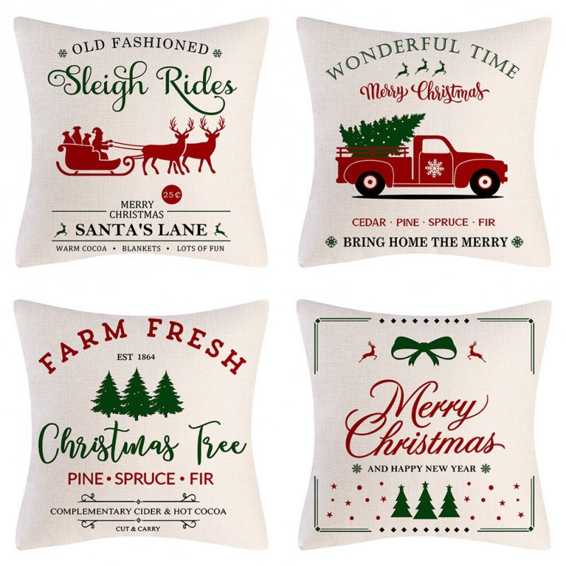 HKM-102995 Christmas Pillow Cover Set - 4-Piece Decorative Cushion Covers with Snowflake, Checkered, Car, and Star Designs, 45x45cm