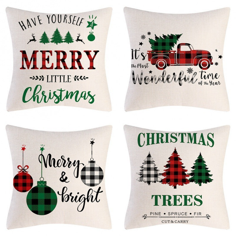 HKM-102995 Christmas Pillow Cover Set - 4-Piece Decorative Cushion Covers with Snowflake, Checkered, Car, and Star Designs, 45x45cm