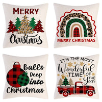 HKM-102995 Christmas Pillow Cover Set - 4-Piece Decorative Cushion Covers with Snowflake, Checkered, Car, and Star Designs, 45x45cm
