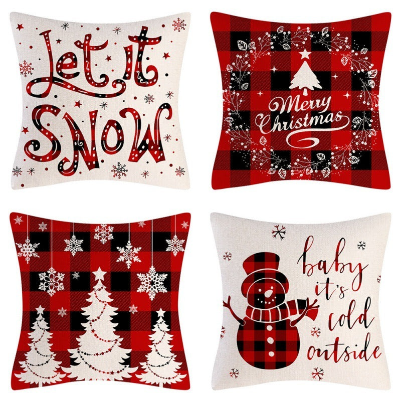 HKM-102995 Christmas Pillow Cover Set - 4-Piece Decorative Cushion Covers with Snowflake, Checkered, Car, and Star Designs, 45x45cm