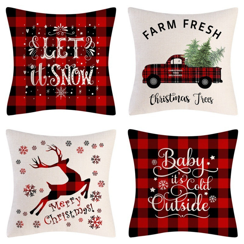 HKM-102995 Christmas Pillow Cover Set - 4-Piece Decorative Cushion Covers with Snowflake, Checkered, Car, and Star Designs, 45x45cm