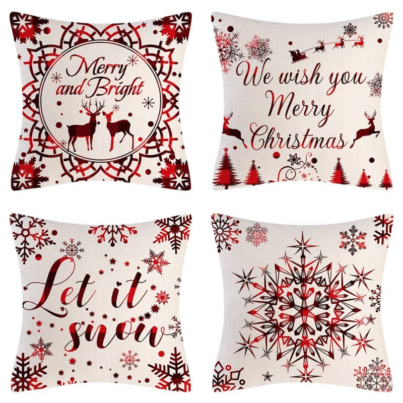 HKM-102995 Christmas Pillow Cover Set - 4-Piece Decorative Cushion Covers with Snowflake, Checkered, Car, and Star Designs, 45x45cm