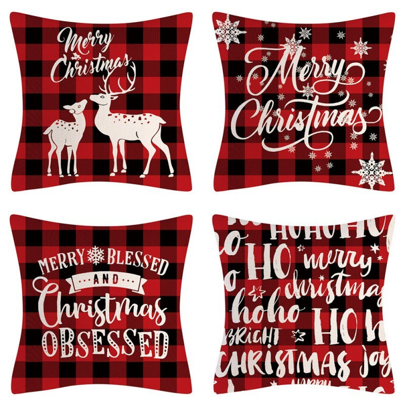 HKM-102995 Christmas Pillow Cover Set - 4-Piece Decorative Cushion Covers with Snowflake, Checkered, Car, and Star Designs, 45x45cm