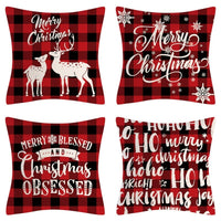 HKM-102995 Christmas Pillow Cover Set - 4-Piece Decorative Cushion Covers with Snowflake, Checkered, Car, and Star Designs, 45x45cm