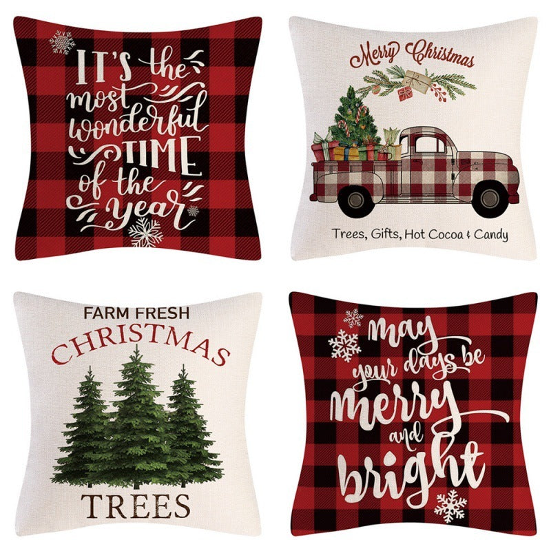 HKM-102995 Christmas Pillow Cover Set - 4-Piece Decorative Cushion Covers with Snowflake, Checkered, Car, and Star Designs, 45x45cm
