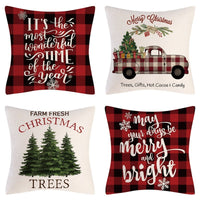 HKM-102995 Christmas Pillow Cover Set - 4-Piece Decorative Cushion Covers with Snowflake, Checkered, Car, and Star Designs, 45x45cm