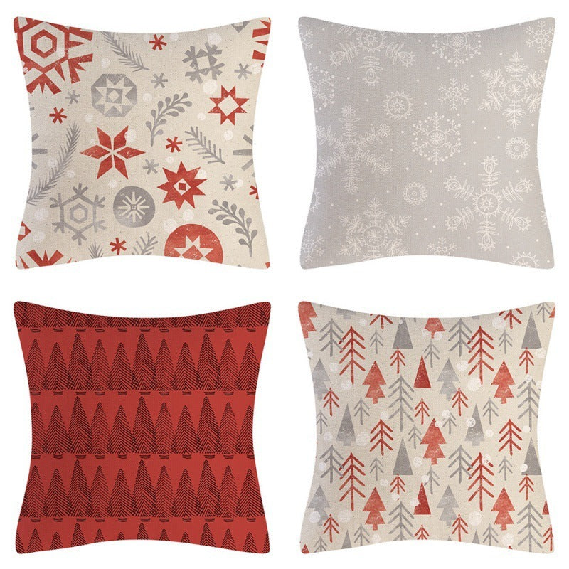 HKM-102995 Christmas Pillow Cover Set - 4-Piece Decorative Cushion Covers with Snowflake, Checkered, Car, and Star Designs, 45x45cm