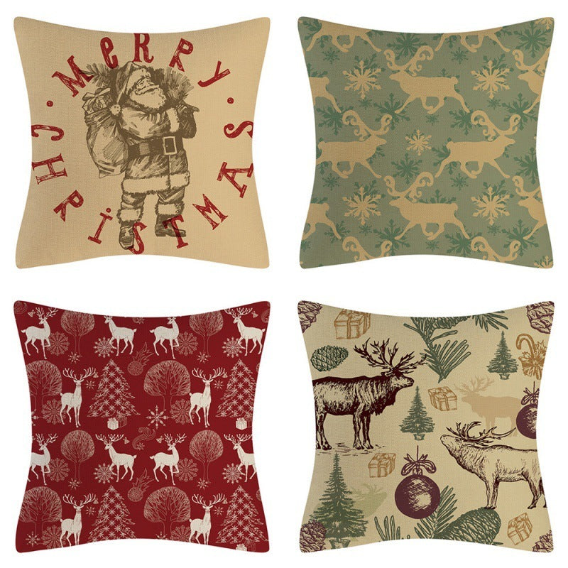 HKM-102995 Christmas Pillow Cover Set - 4-Piece Decorative Cushion Covers with Snowflake, Checkered, Car, and Star Designs, 45x45cm