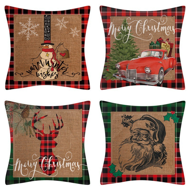 HKM-102995 Christmas Pillow Cover Set - 4-Piece Decorative Cushion Covers with Snowflake, Checkered, Car, and Star Designs, 45x45cm