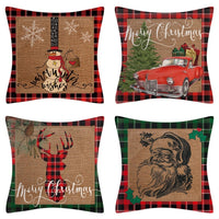 HKM-102995 Christmas Pillow Cover Set - 4-Piece Decorative Cushion Covers with Snowflake, Checkered, Car, and Star Designs, 45x45cm