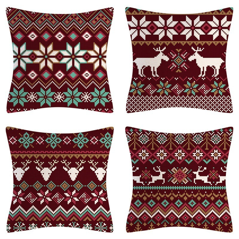 HKM-102995 Christmas Pillow Cover Set - 4-Piece Decorative Cushion Covers with Snowflake, Checkered, Car, and Star Designs, 45x45cm