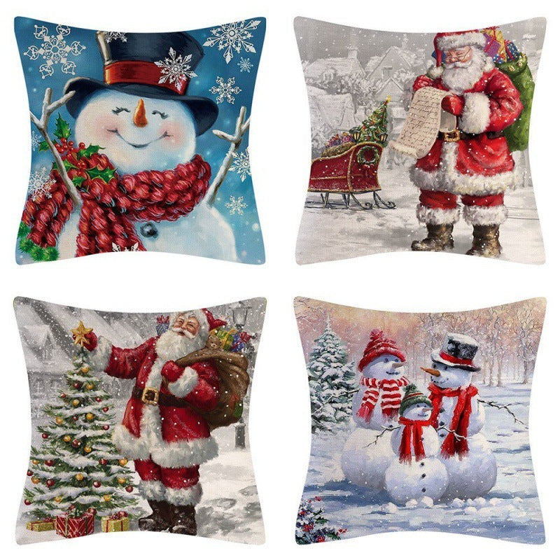 HKM-102995 Christmas Pillow Cover Set - 4-Piece Decorative Cushion Covers with Snowflake, Checkered, Car, and Star Designs, 45x45cm