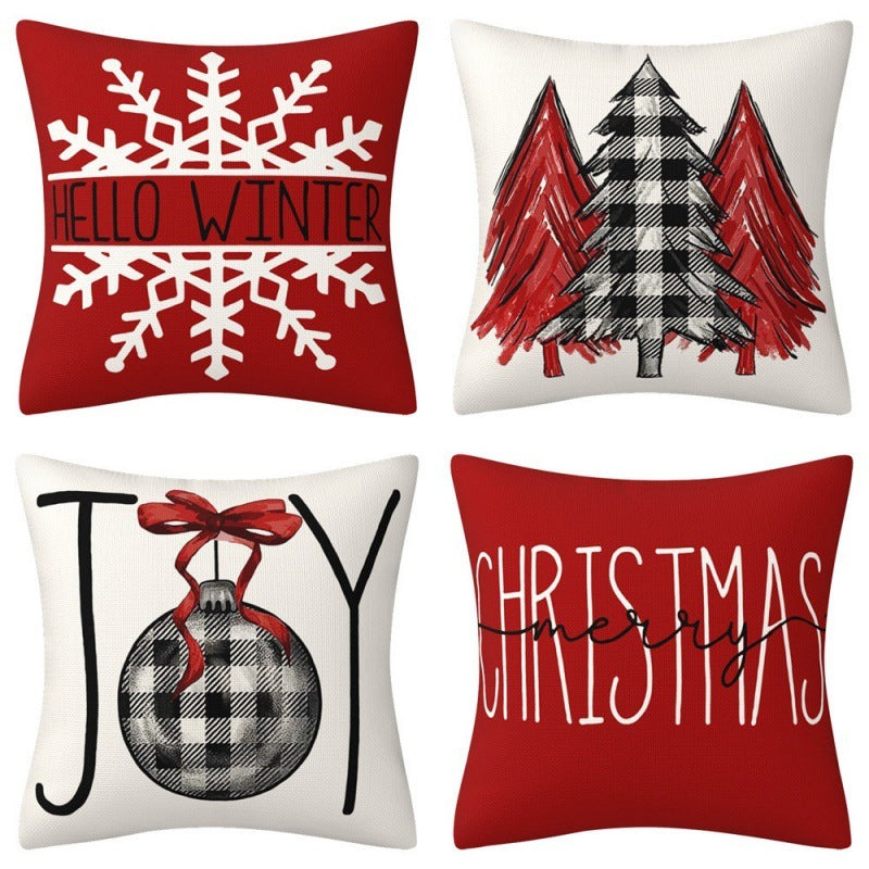 HKM-102995 Christmas Pillow Cover Set - 4-Piece Decorative Cushion Covers with Snowflake, Checkered, Car, and Star Designs, 45x45cm