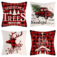 HKM-102995 Christmas Pillow Cover Set - 4-Piece Decorative Cushion Covers with Snowflake, Checkered, Car, and Star Designs, 45x45cm