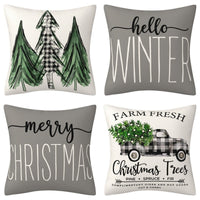 HKM-102995 Christmas Pillow Cover Set - 4-Piece Decorative Cushion Covers with Snowflake, Checkered, Car, and Star Designs, 45x45cm