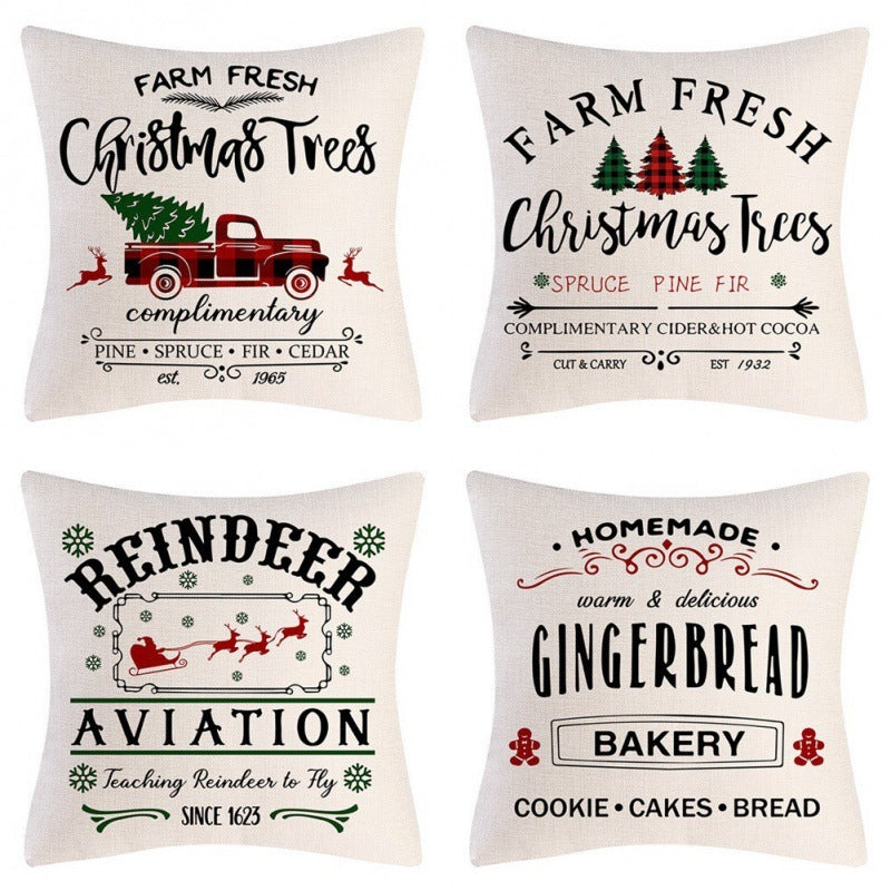 HKM-102995 Christmas Pillow Cover Set - 4-Piece Decorative Cushion Covers with Snowflake, Checkered, Car, and Star Designs, 45x45cm