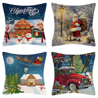 HKM-102995 Christmas Pillow Cover Set - 4-Piece Decorative Cushion Covers with Snowflake, Checkered, Car, and Star Designs, 45x45cm
