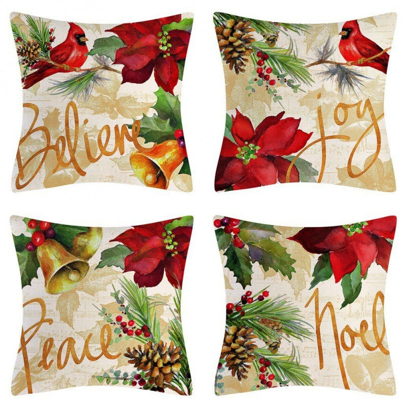HKM-102995 Christmas Pillow Cover Set - 4-Piece Decorative Cushion Covers with Snowflake, Checkered, Car, and Star Designs, 45x45cm