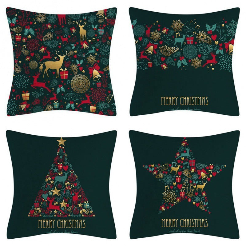 HKM-102995 Christmas Pillow Cover Set - 4-Piece Decorative Cushion Covers with Snowflake, Checkered, Car, and Star Designs, 45x45cm