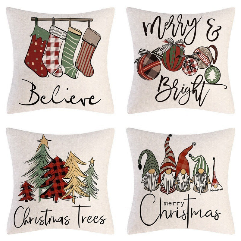 HKM-102995 Christmas Pillow Cover Set - 4-Piece Decorative Cushion Covers with Snowflake, Checkered, Car, and Star Designs, 45x45cm