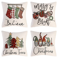 HKM-102995 Christmas Pillow Cover Set - 4-Piece Decorative Cushion Covers with Snowflake, Checkered, Car, and Star Designs, 45x45cm