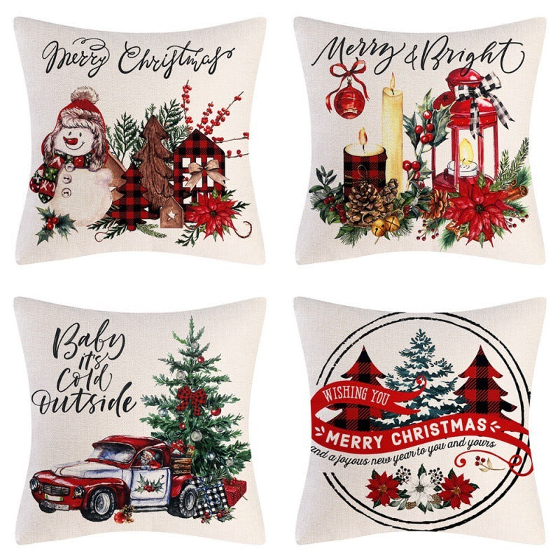 HKM-102995 Christmas Pillow Cover Set - 4-Piece Decorative Cushion Covers with Snowflake, Checkered, Car, and Star Designs, 45x45cm