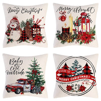 HKM-102995 Christmas Pillow Cover Set - 4-Piece Decorative Cushion Covers with Snowflake, Checkered, Car, and Star Designs, 45x45cm