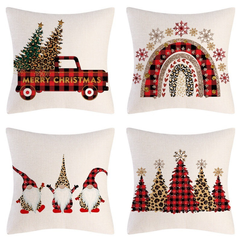 HKM-102995 Christmas Pillow Cover Set - 4-Piece Decorative Cushion Covers with Snowflake, Checkered, Car, and Star Designs, 45x45cm